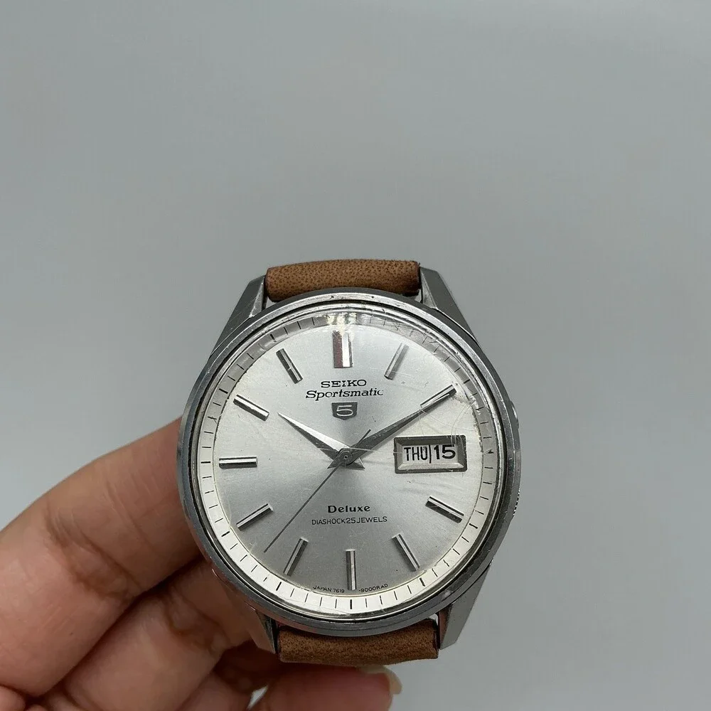Vintage Seiko Sportsmatic 5 Deluxe Mens Watch 37mm Silver Tone Leather Automatic